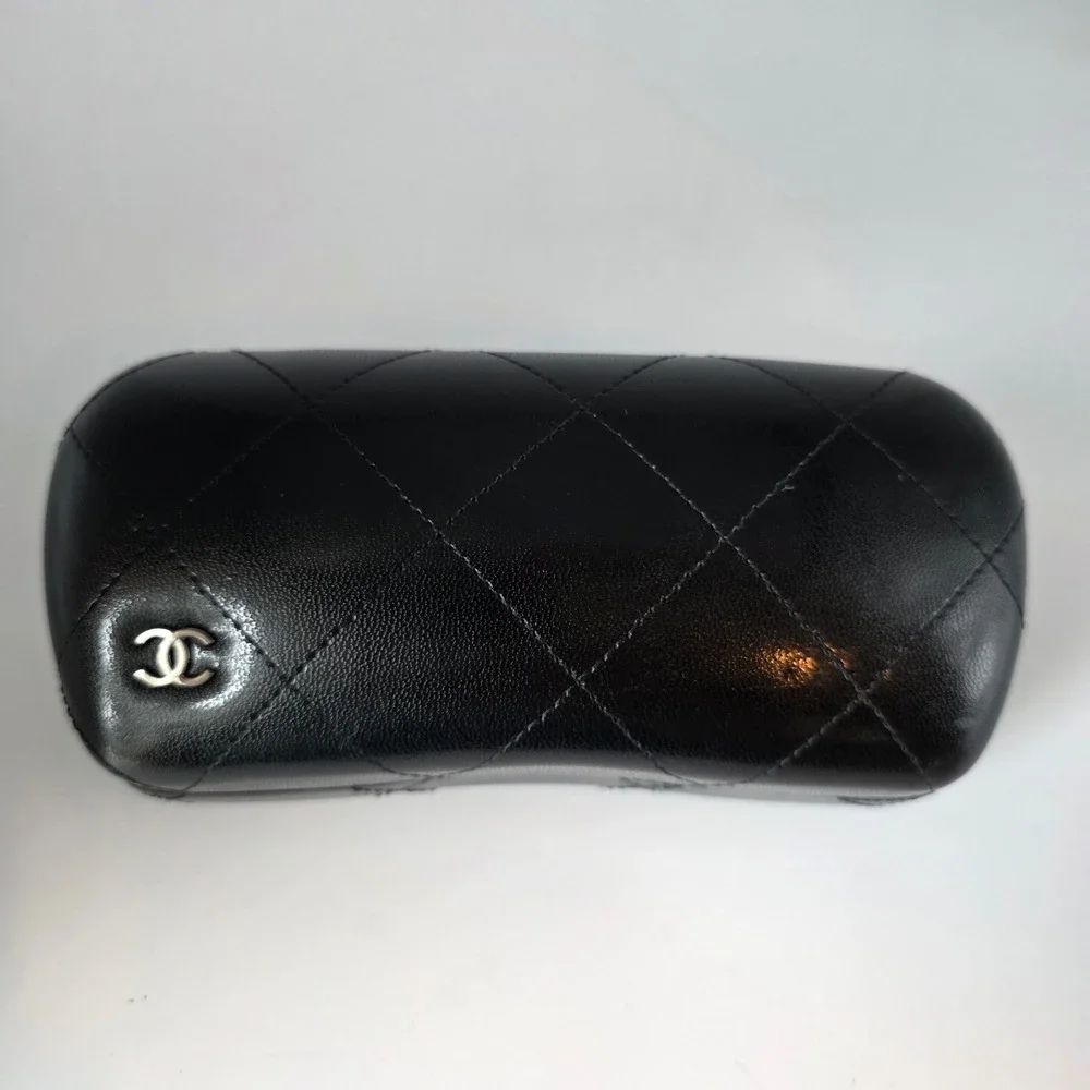 Chanel Black Quilted Caviar Leather Sunglasses Case Silver CC Logo Made in Italy